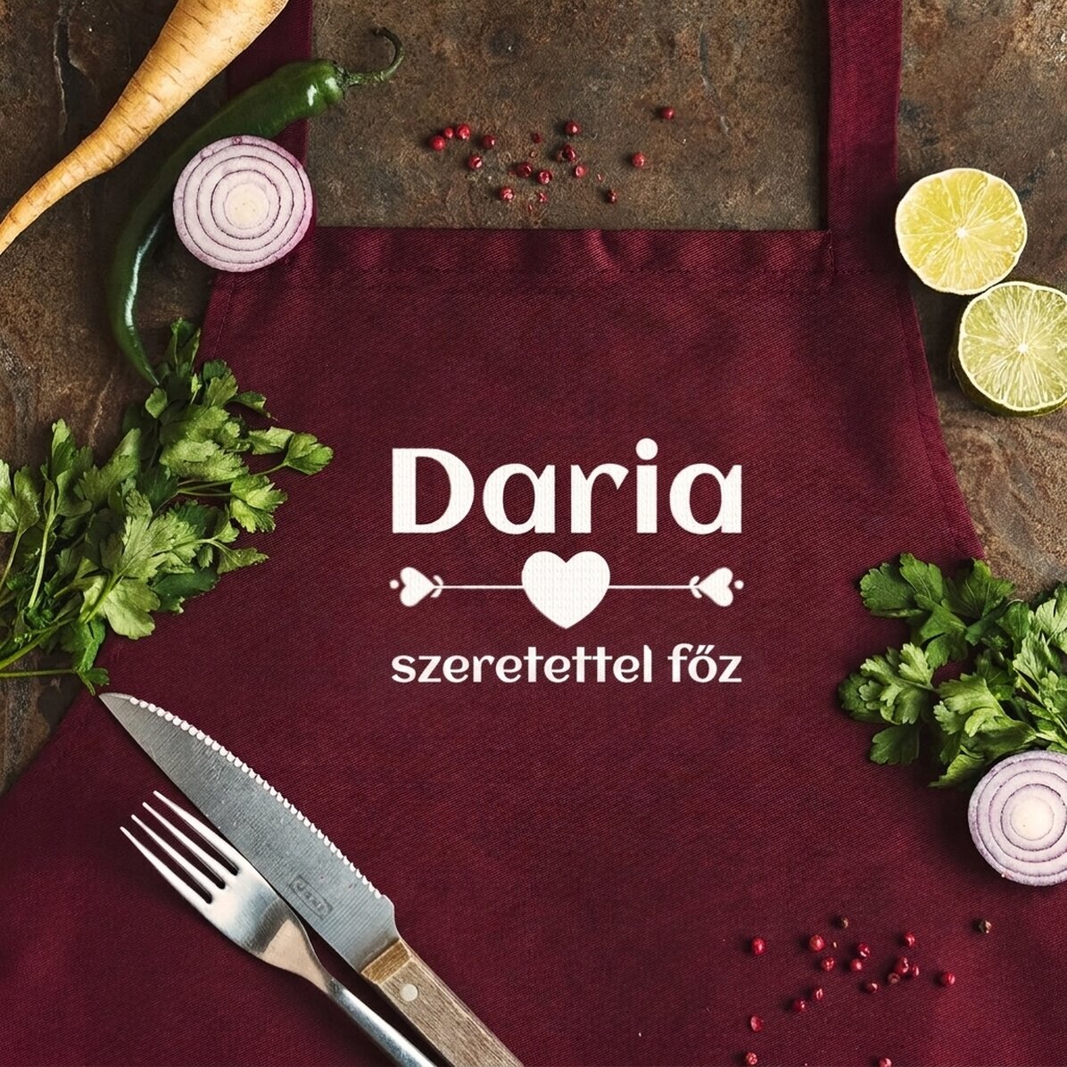 Személyre szabott kötény szöveggel - Szeretettel főzünk