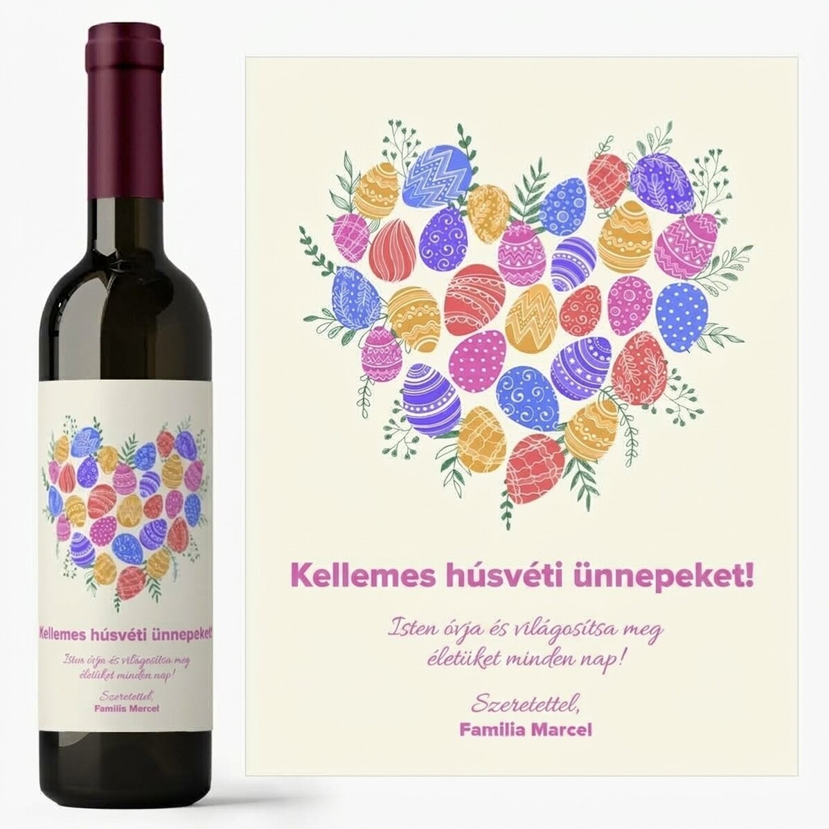 Személyre szabott bor szöveggel húsvétra - Szív modell
