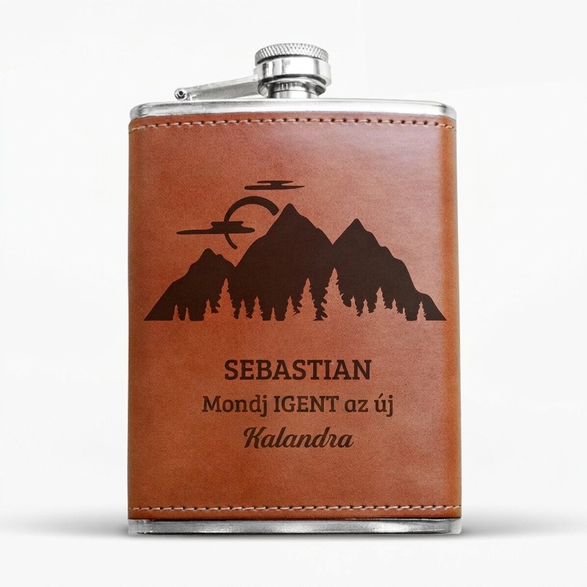 Személyre szabott, bőrborítású zsebpalack – Kalandok ideje