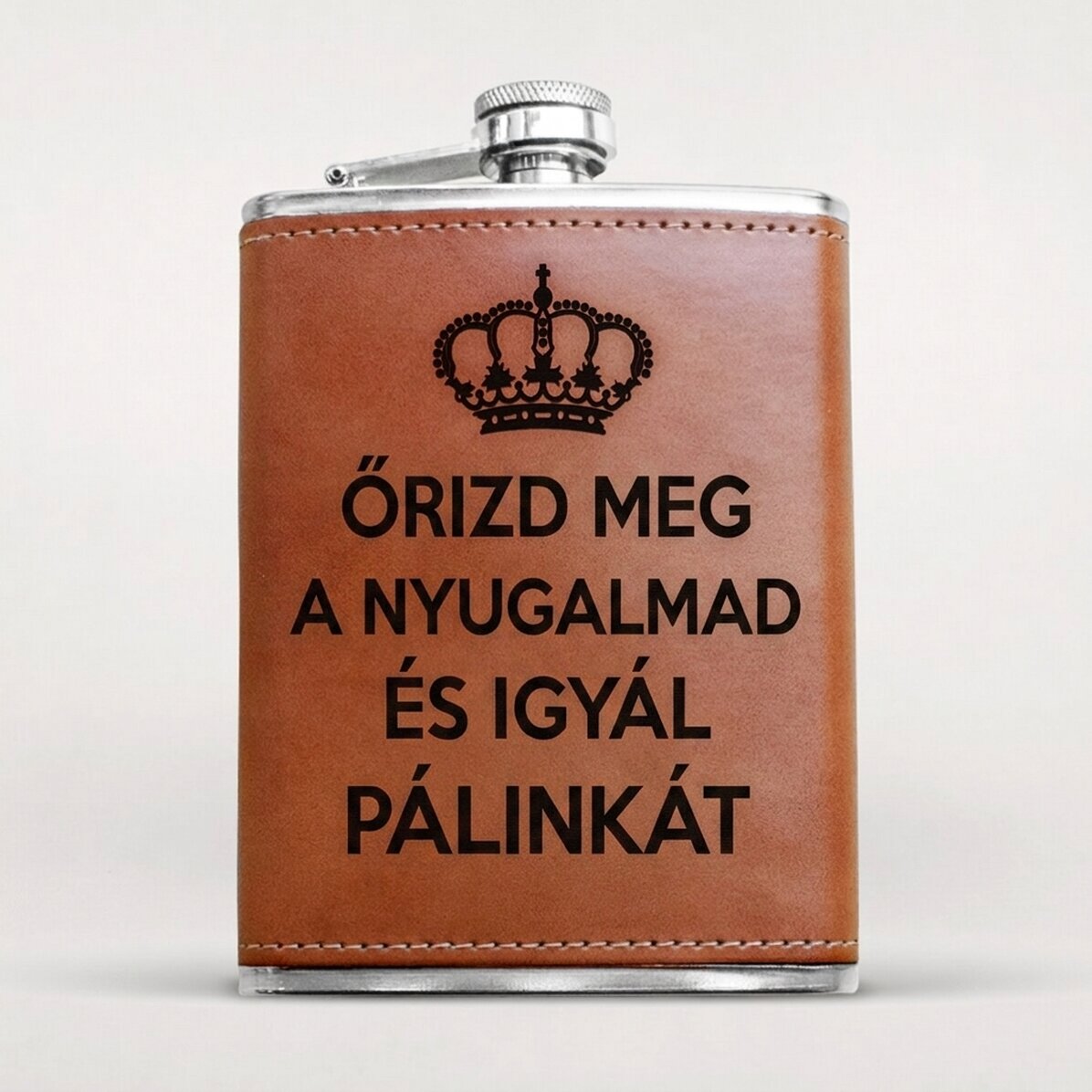 Személyre szabott, bőrborítású zsebpalack - Keep Calm