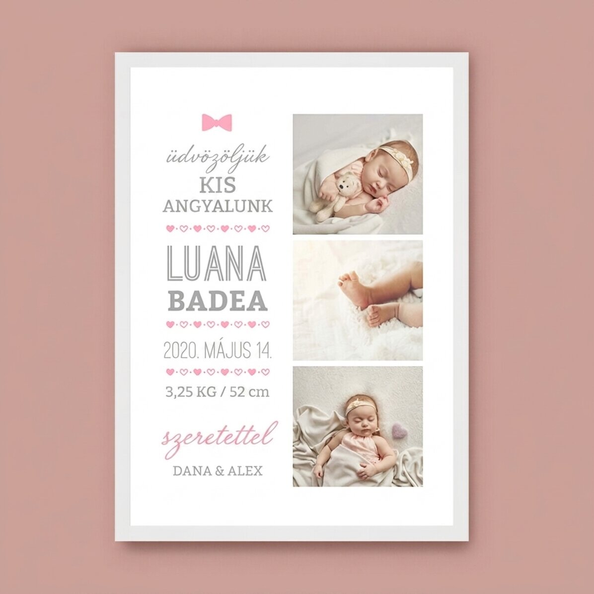 Személyre szabott vászon textel és 3 fotóval - Hello, baby (Lány)