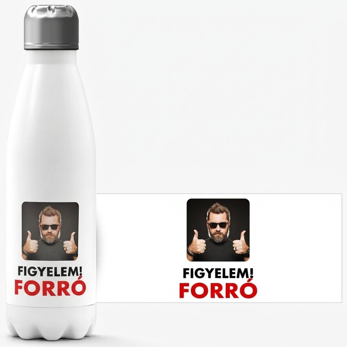 Fehér alapú termosz, fotóval és szöveggel személyre szabva - Hot