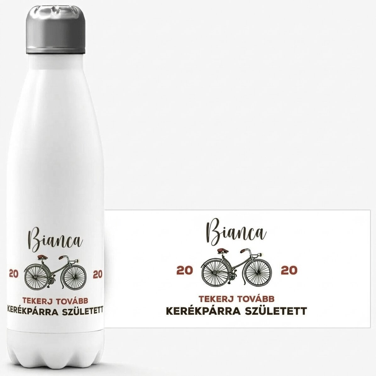 Fehér alapú termosz, névvel és szöveggel személyre szabva - Kerékpár