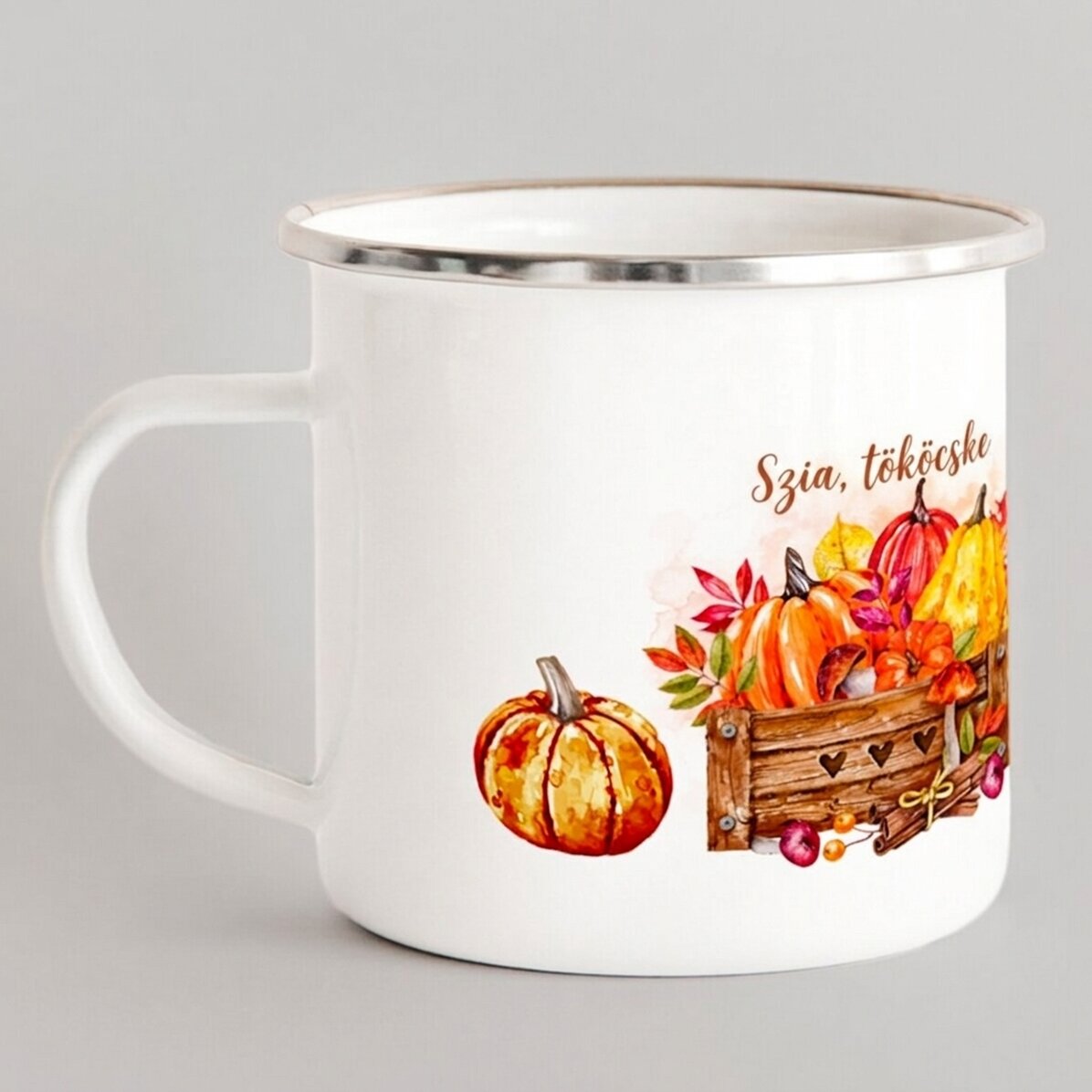 Zománcozott fém bögrék szöveggel - Hello, pumpkin