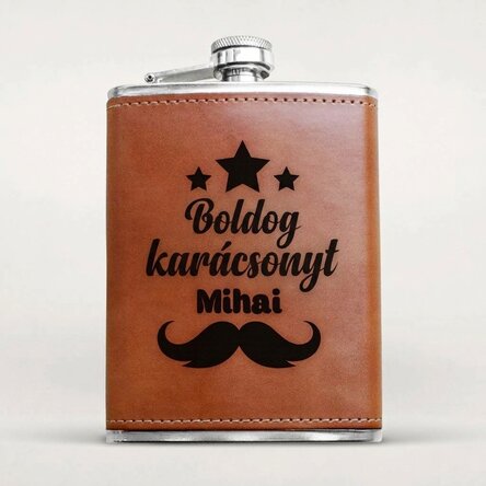 Személyre szabott, bőrborítású zsebpalack – Boldog karácsonyt!