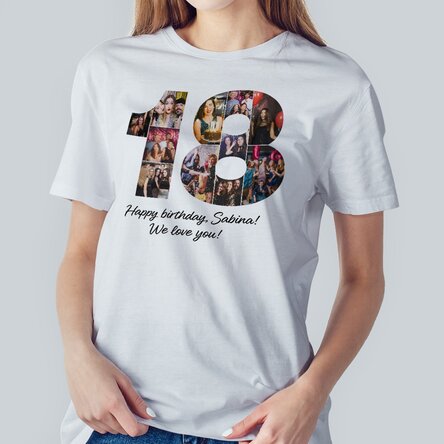 Tricou din bumbac personalizat cu 11 poze și text pentru majorat - 18 ani