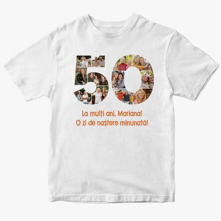 Tricou din bumbac personalizat cu 12 poze și mesaj - 50 de ani 