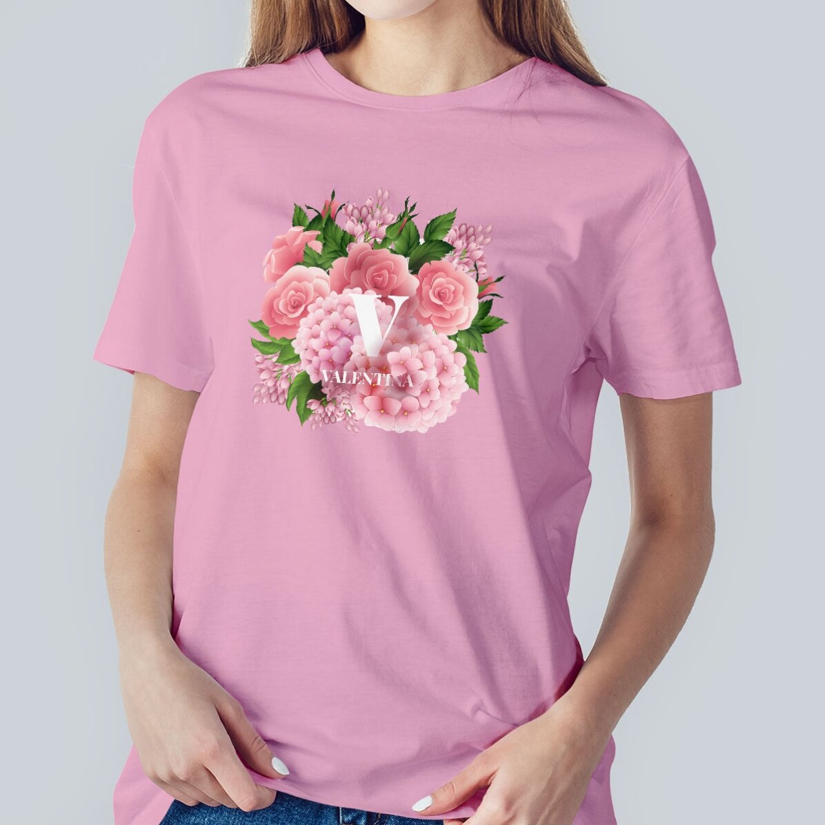 Tricou din bumbac personalizat cu inițială și nume - Flori de primăvară