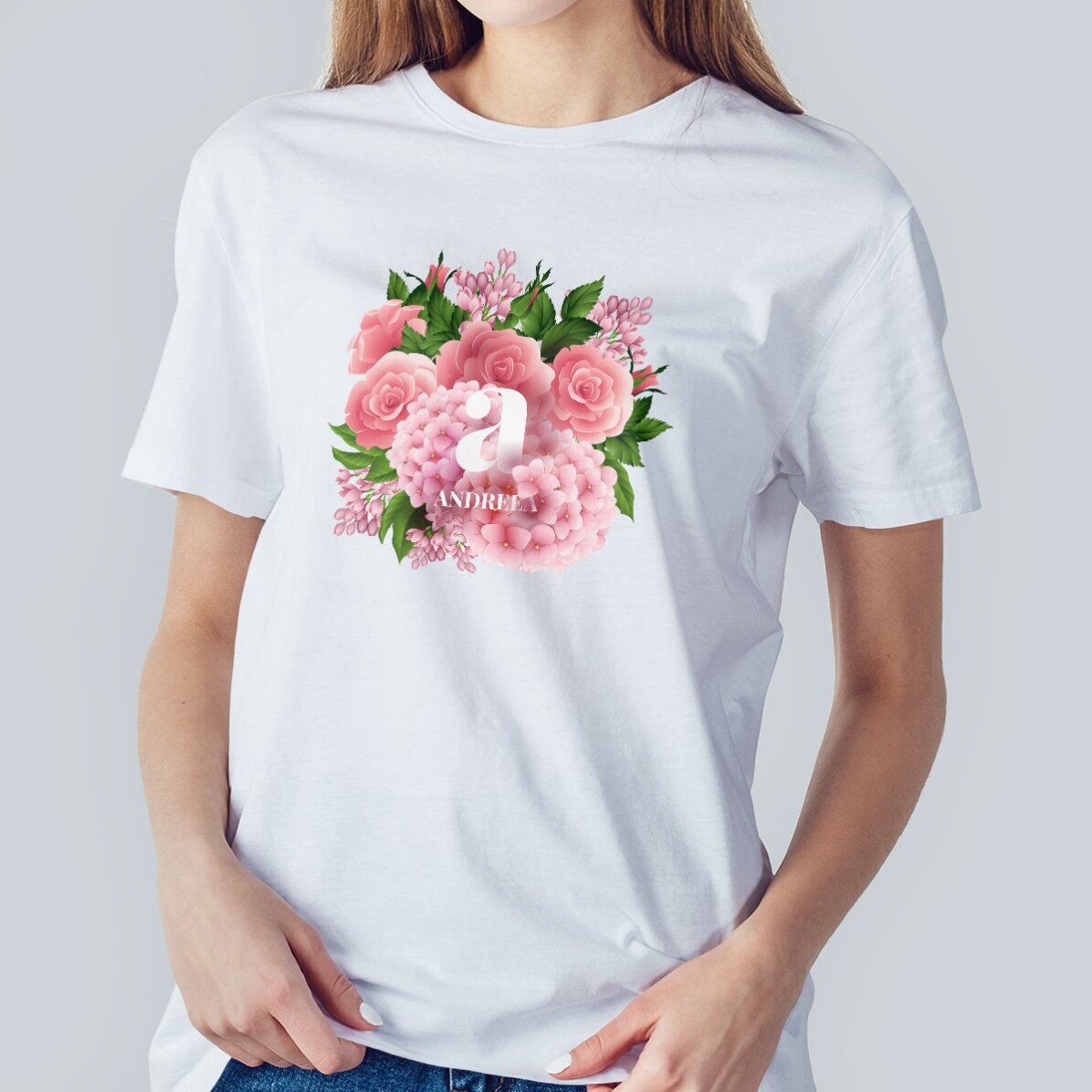 Tricou din bumbac personalizat cu inițială și nume - Flori de primăvară