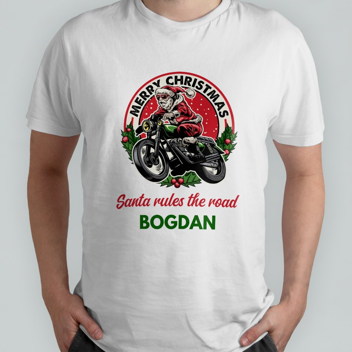 Tricou din bumbac personalizat cu text - Moșul motociclist
