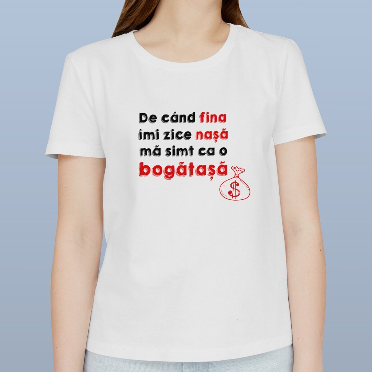 Tricou din bumbac personalizat cu text - Nașa bogătașă