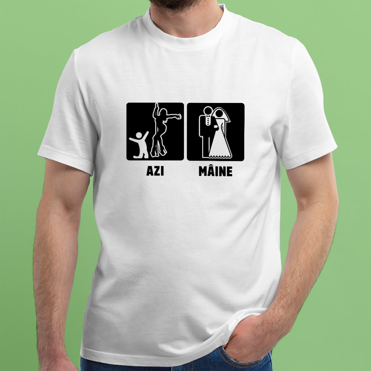 Tricou din bumbac personalizat cu text pentru petrecerea burlacilor - Azi, mâine