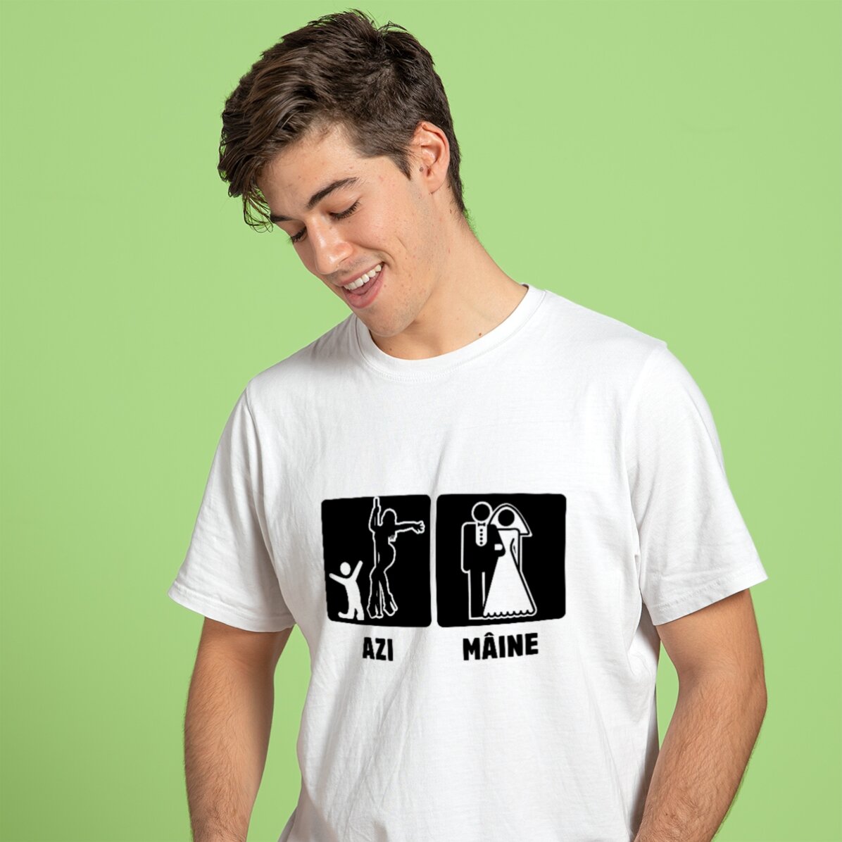 Tricou din bumbac personalizat cu text pentru petrecerea burlacilor - Azi, mâine