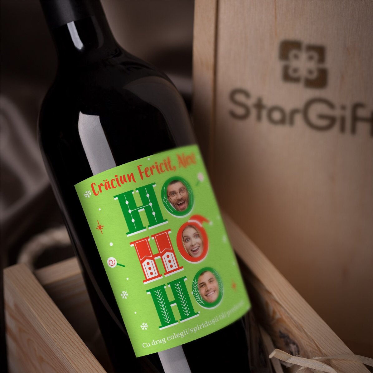Vin personalizat cu mesaj și 3 poze de Crăciun - HO HO HO