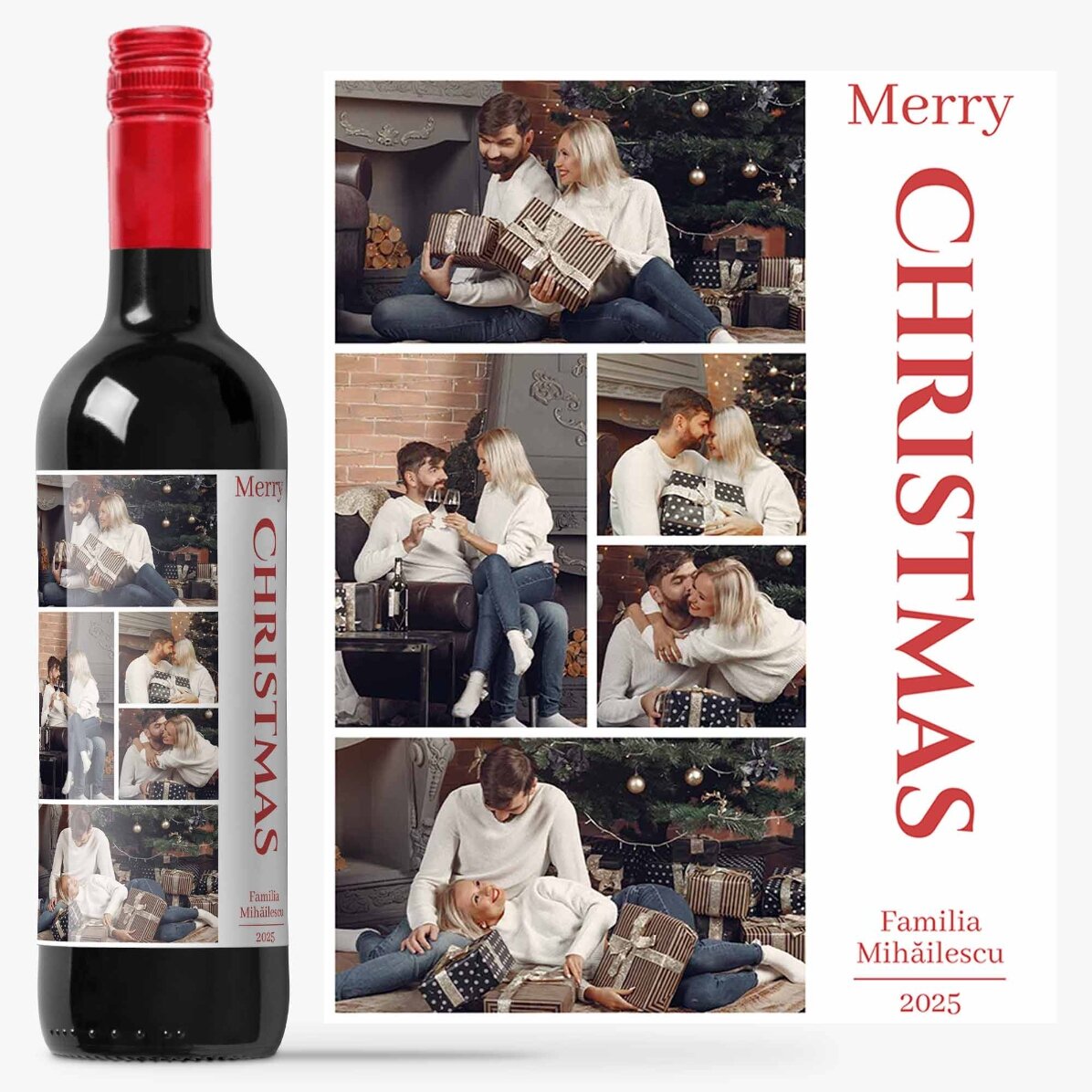 Vin personalizat cu mesaj și 5 poze de Crăciun - Merry Christmas!