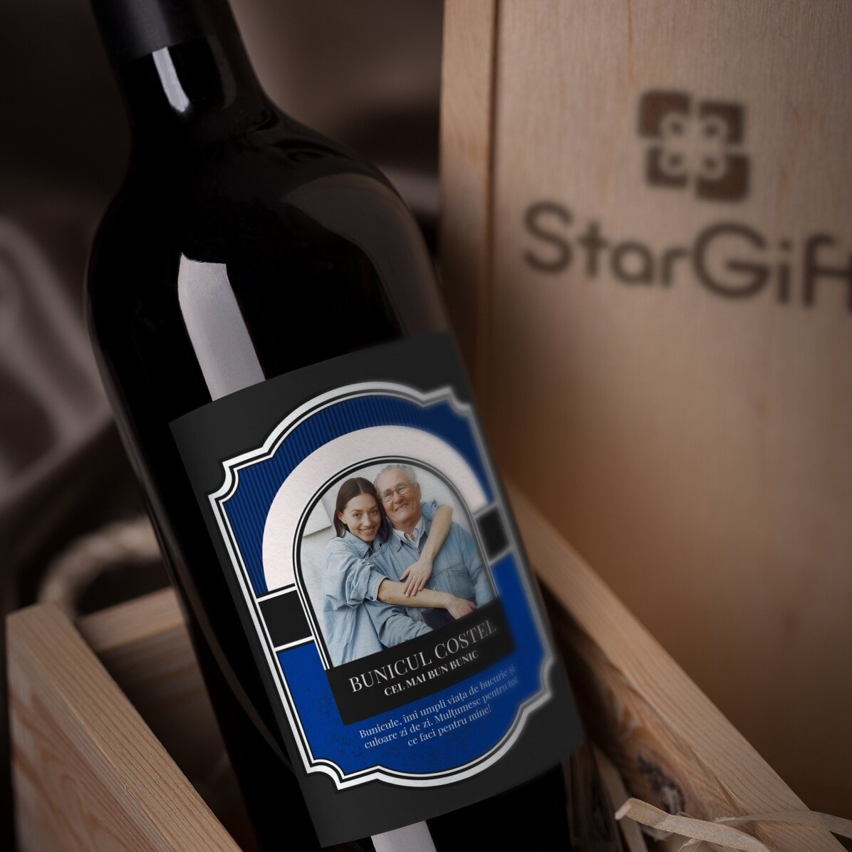 Vin personalizat cu text și poză pentru bunic 