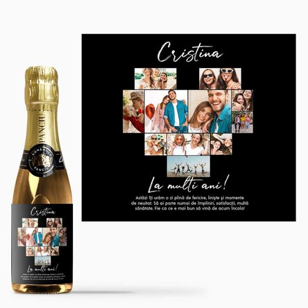 Mini sticluță de vin spumant personalizată cu 11 poze și mesaj