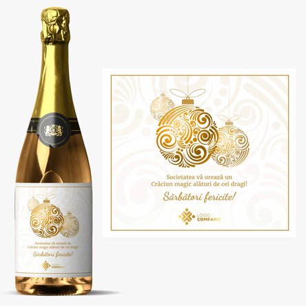Vin spumant personalizat cu logo și mesaj - Globuri aurii de Crăciun
