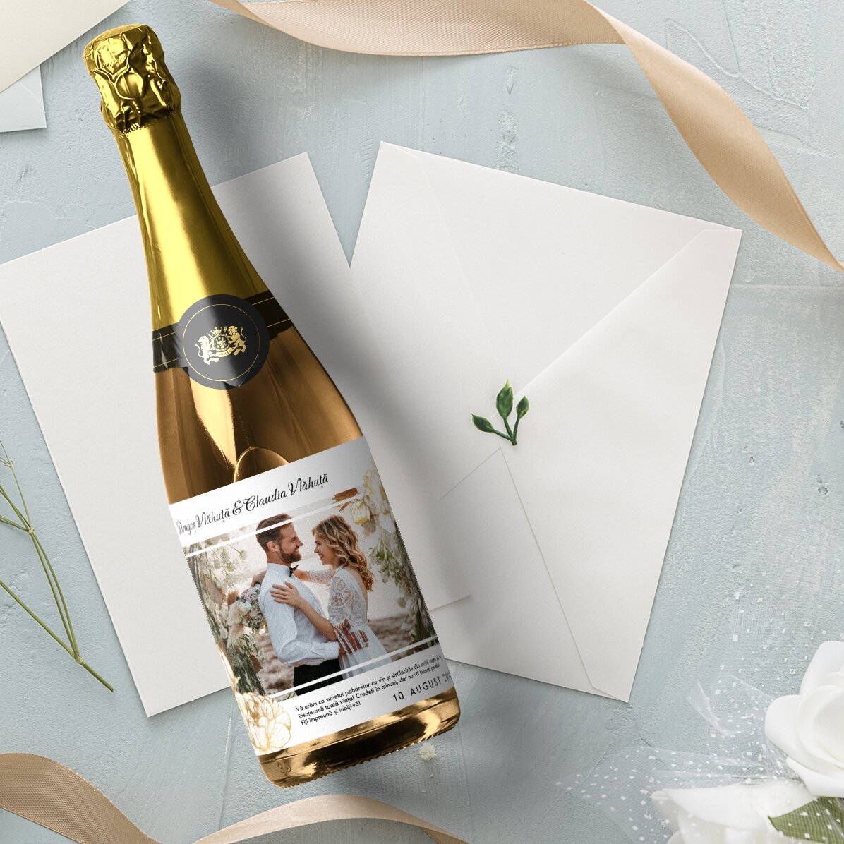 Vin spumant personalizat cu text și poză - Urare de nuntă